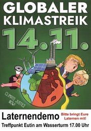 Plakat zum globalen Klimastreik am 14.11.2025 in Eutin: Illustration einer halb grünen, halb ausgetrockneten Erde mit Windrädern, Solarpanels und einer Fabrik. Eine Person mit Megafon fordert „Climate Justice Now“. Unten der Hinweis zur Laternen­demo um 17 Uhr am Wasserturm in Eutin.