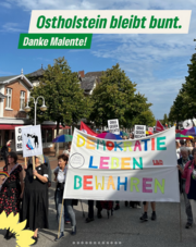 Straßenzug in Malente mit Demonstrierenden, die bunte Transparente und Schilder tragen. Im Vordergrund ein großes Banner mit der Aufschrift „Demokratie leben und bewahren“ in farbigen Buchstaben, daneben Schilder der Gruppe „Omas gegen Rechts“. Darüber eingeblendet: „Ostholstein bleibt bunt. Danke Malente!“.