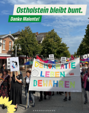 Straßenzug in Malente mit Demonstrierenden, die bunte Transparente und Schilder tragen. Im Vordergrund ein großes Banner mit der Aufschrift „Demokratie leben und bewahren“ in farbigen Buchstaben, daneben Schilder der Gruppe „Omas gegen Rechts“. Darüber eingeblendet: „Ostholstein bleibt bunt. Danke Malente!“.