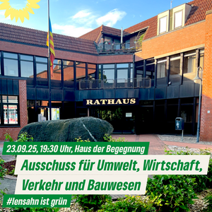 Sharepic zur Bauausschuss-Sitzung am 23. September 2025 mit Datum, 19:30 Uhr im Haus der Begegnung Lensahn und dem Sitzungstitel.