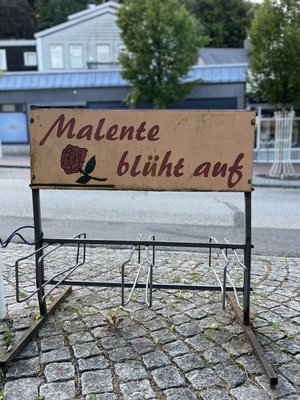 Metallgestell mit Schild im öffentlichen Raum, darauf der Schriftzug „Malente blüht auf“ in roter Schreibschrift, daneben eine gemalte rote Rose mit grünem Stiel. Das Gestell steht auf einem gepflasterten Boden mit Fahrradhalterungen. Im Hintergrund sind Bäume und Gebäude einer kleinen Stadt zu sehen.